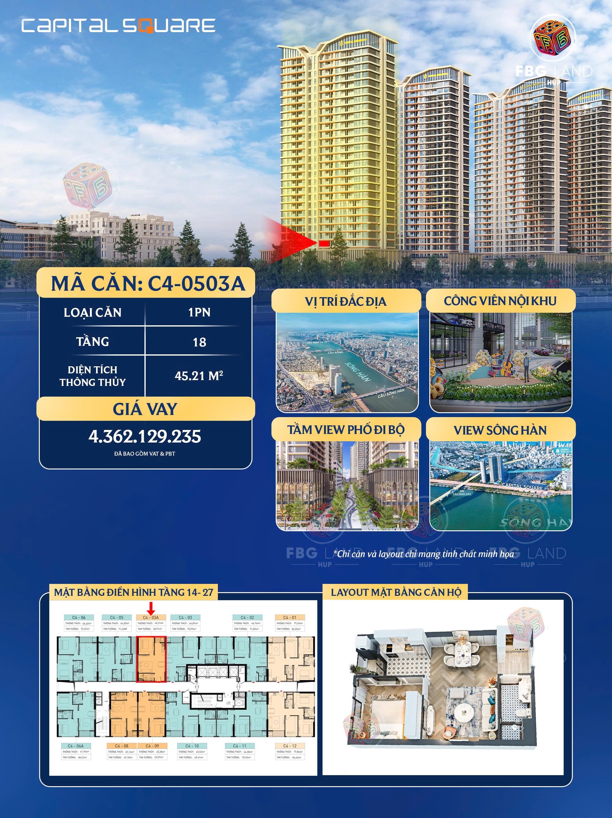 Căn 1PN tòa C4 tầng 5 Capital Square Đà Nẵng 